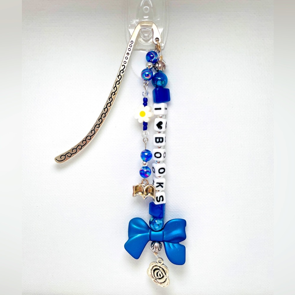 Handmade Bow Beaded Bookmark “I Love Books” Blue/White